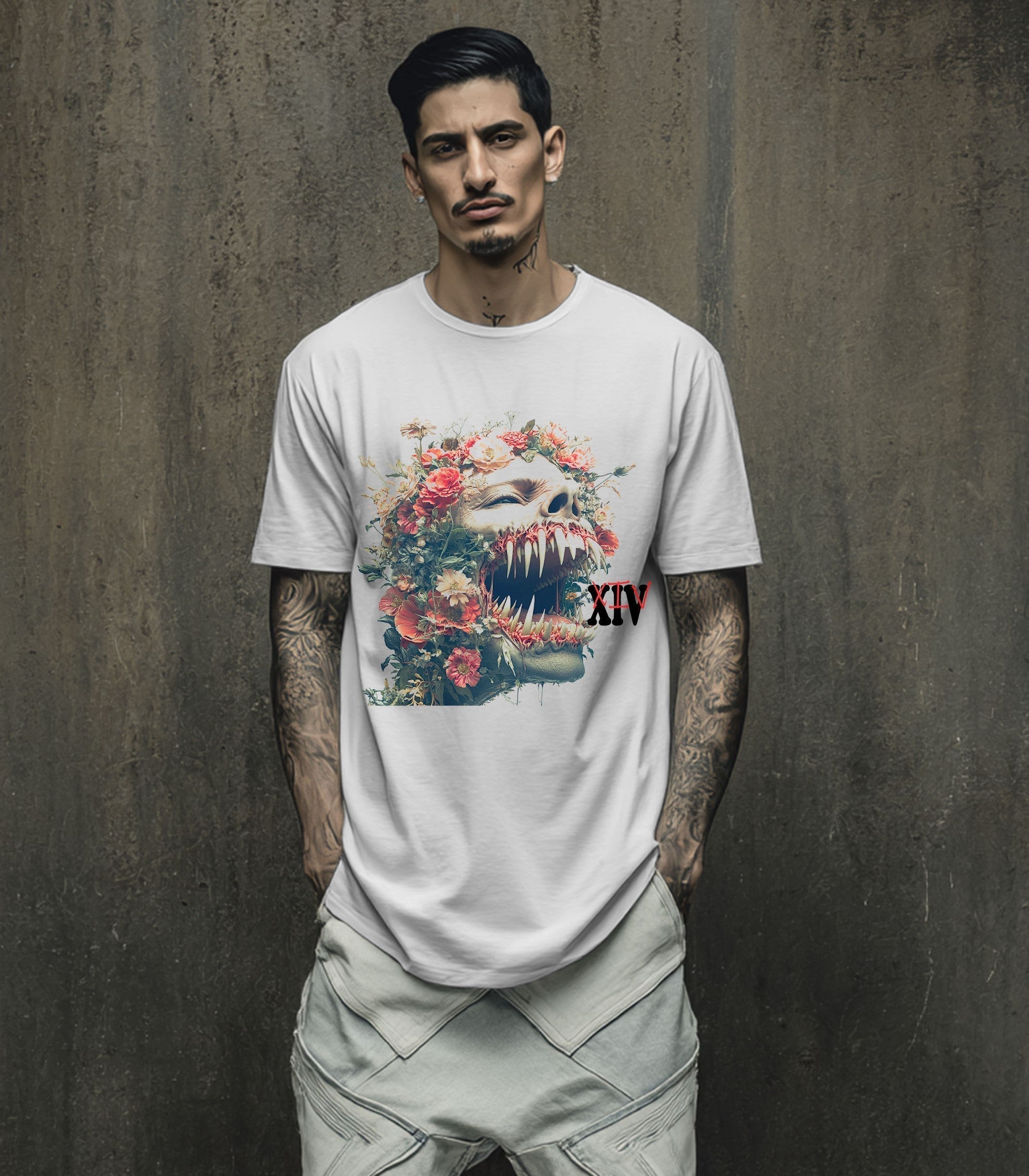 A model is wearing Floral Skull Monster Art | Carbon XIV
