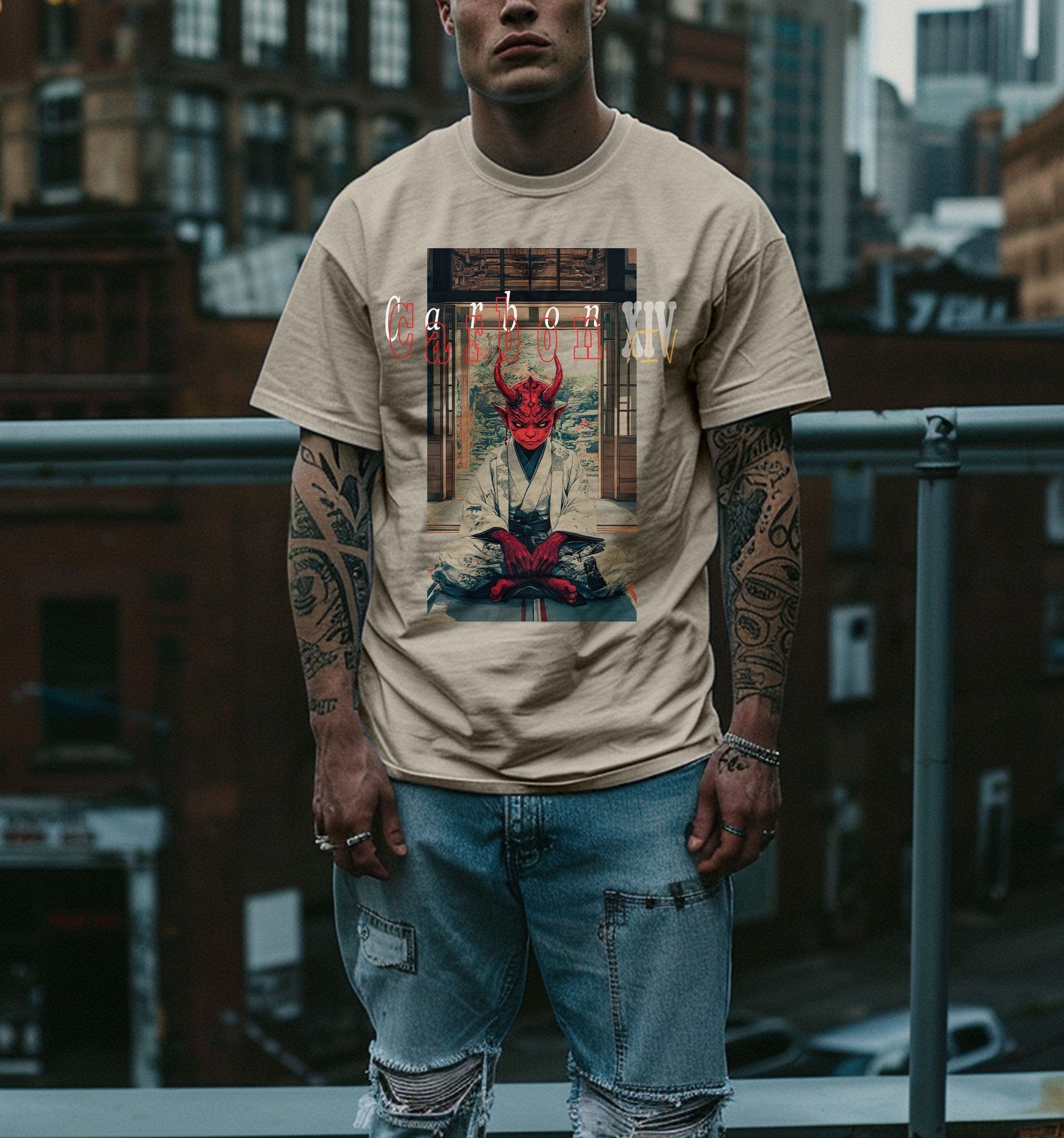 A man wearing Demon Samurai Tee | Carbon XIV