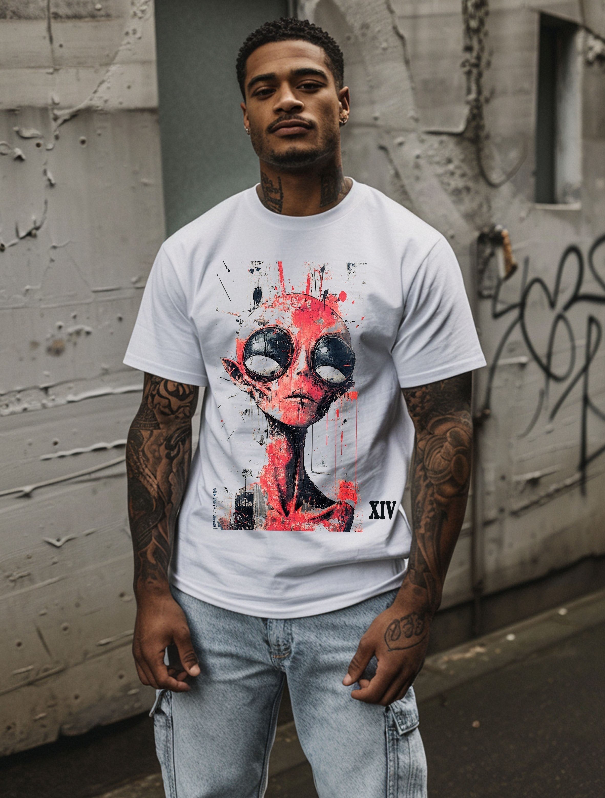A model is wearing Alien Graffiti Portrait | Carbon XIV Edgy Art