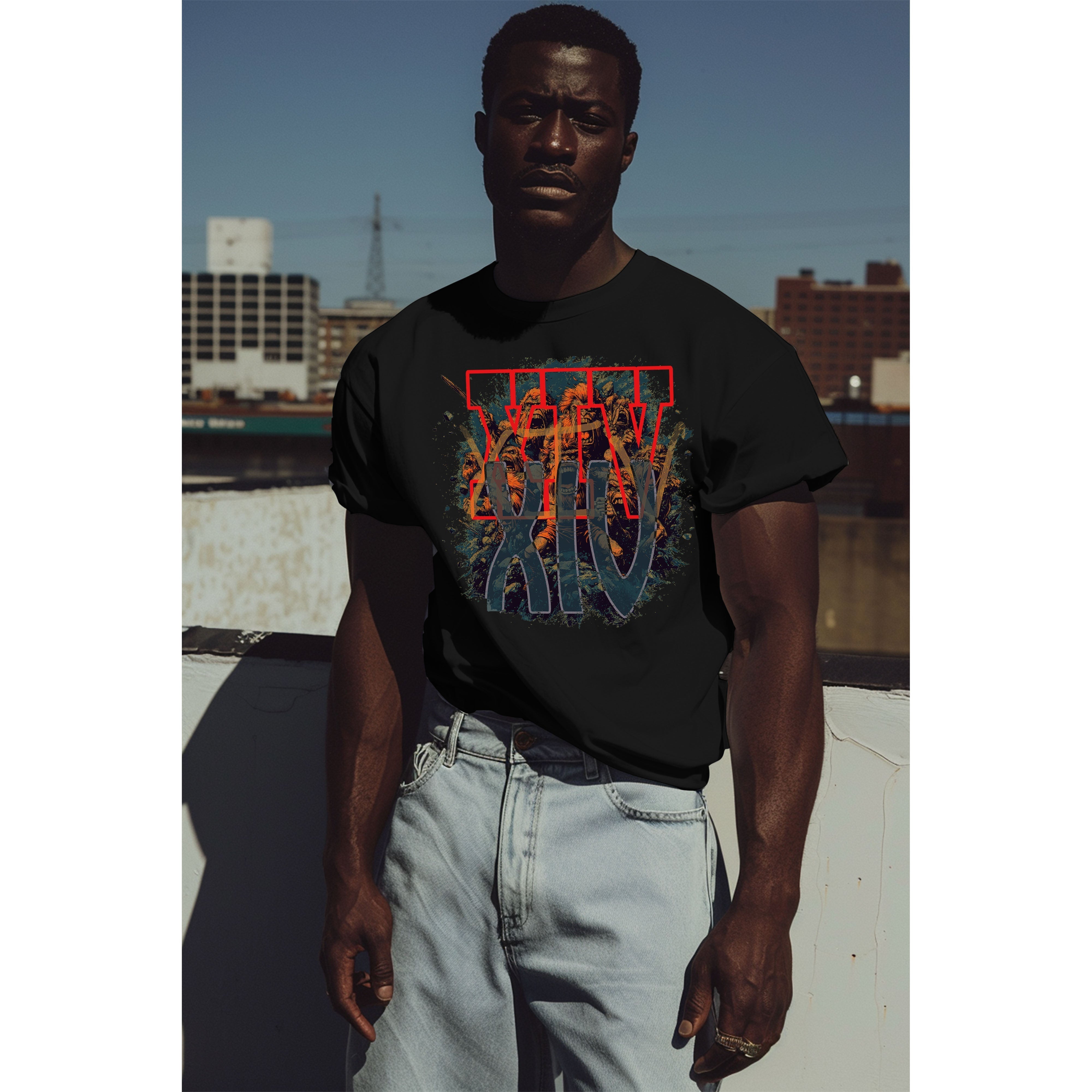 A model is wearing Roaring Apes Uprising | Carbon XIV Art