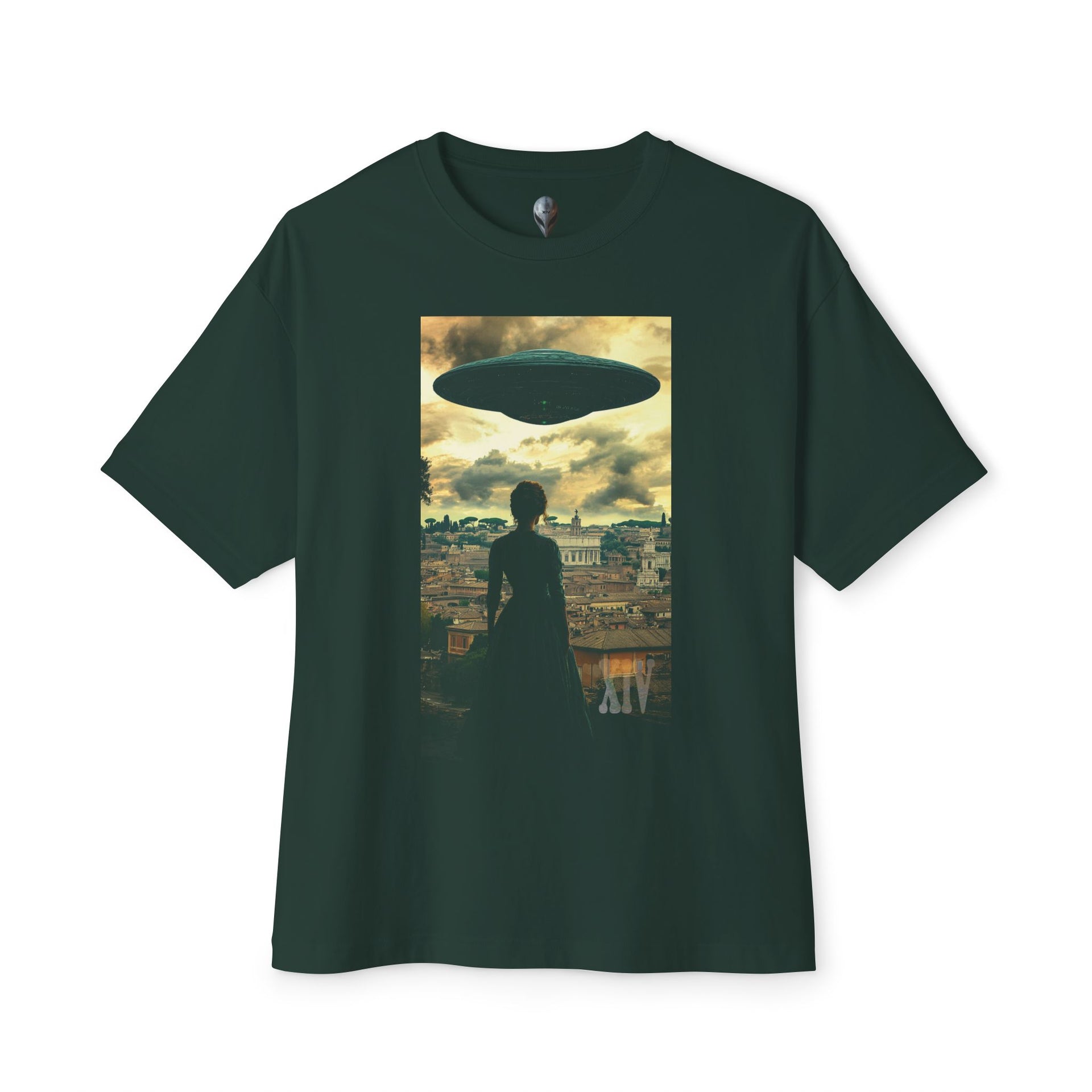 Woman Staring at UFO Over Rome – Carbon XIV Tee