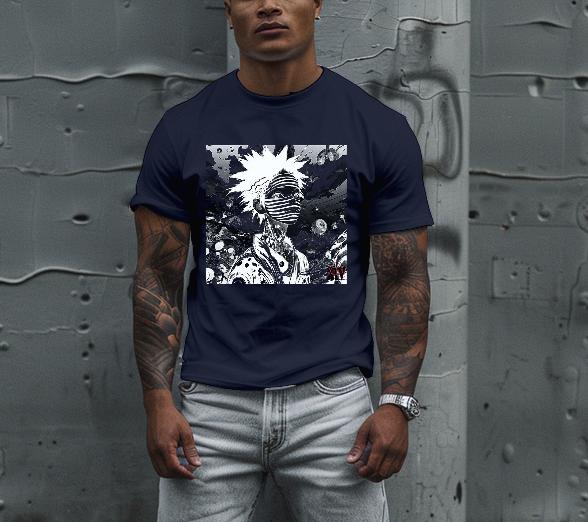 Monochrome Anime Character T-Shirt – Striped Artistic Design