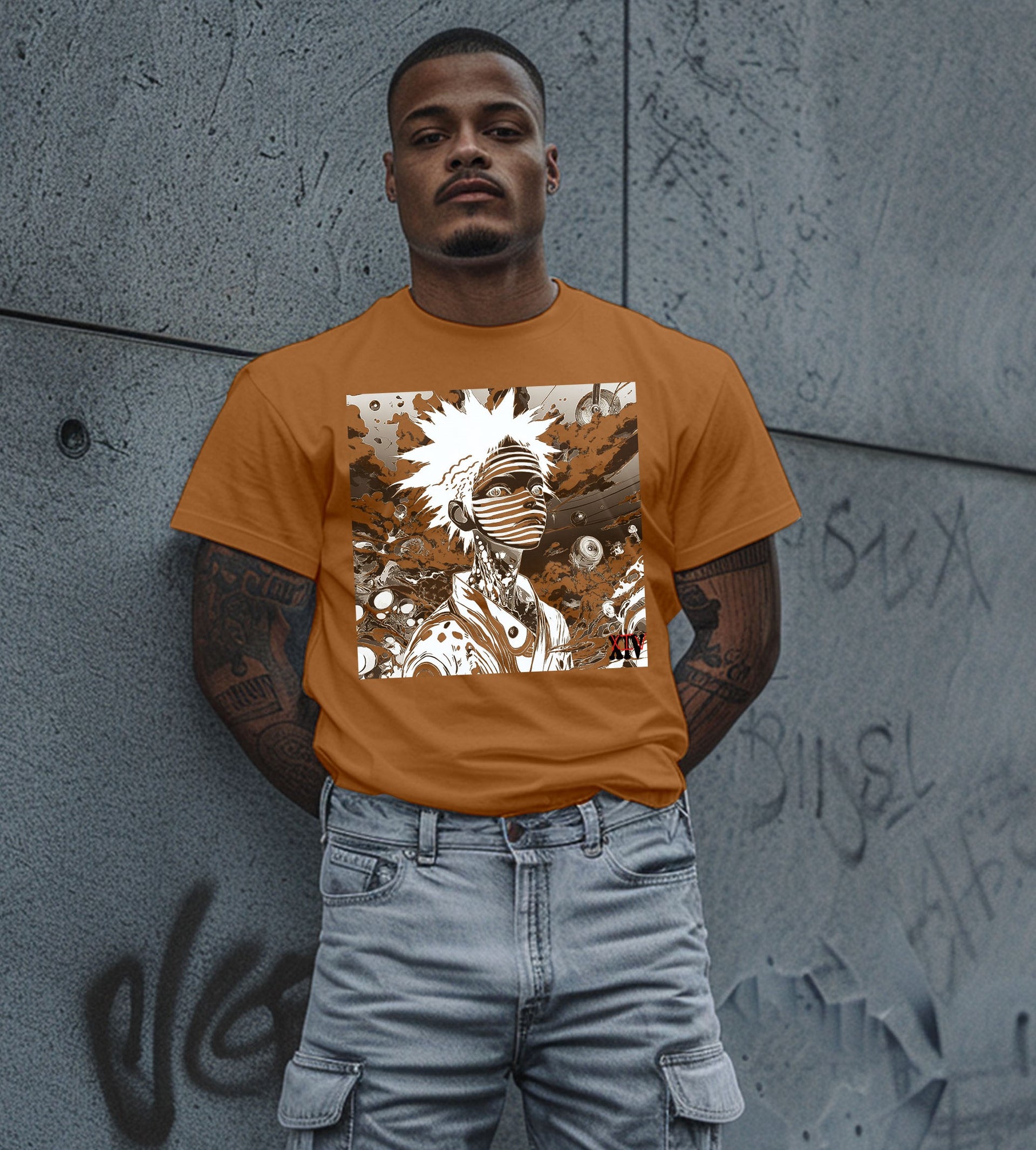 Monochrome Anime Character T-Shirt – Striped Artistic Design