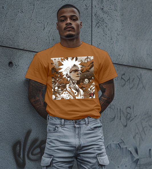 Monochrome Anime Character T-Shirt – Striped Artistic Design