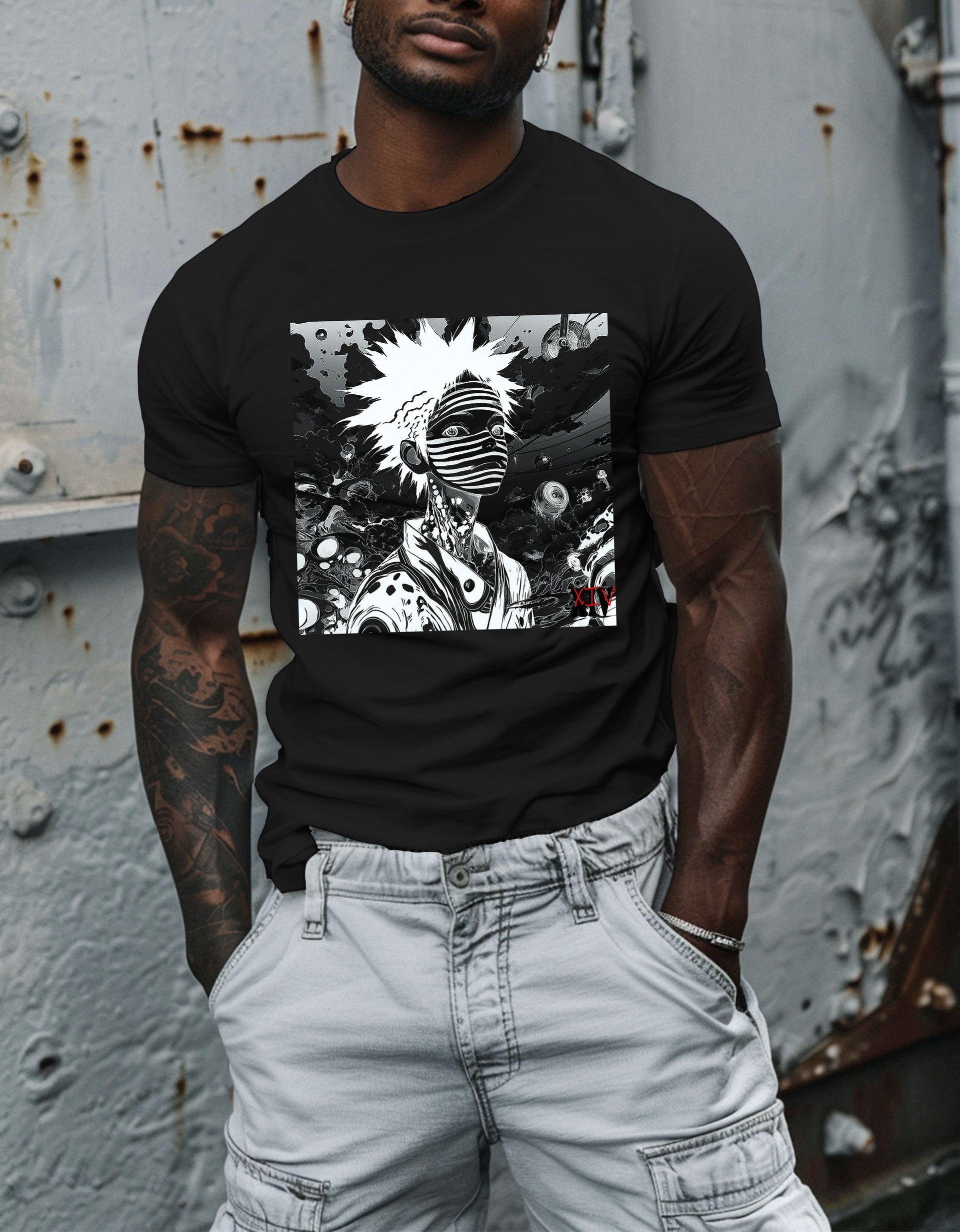 Monochrome Anime Character T-Shirt – Striped Artistic Design