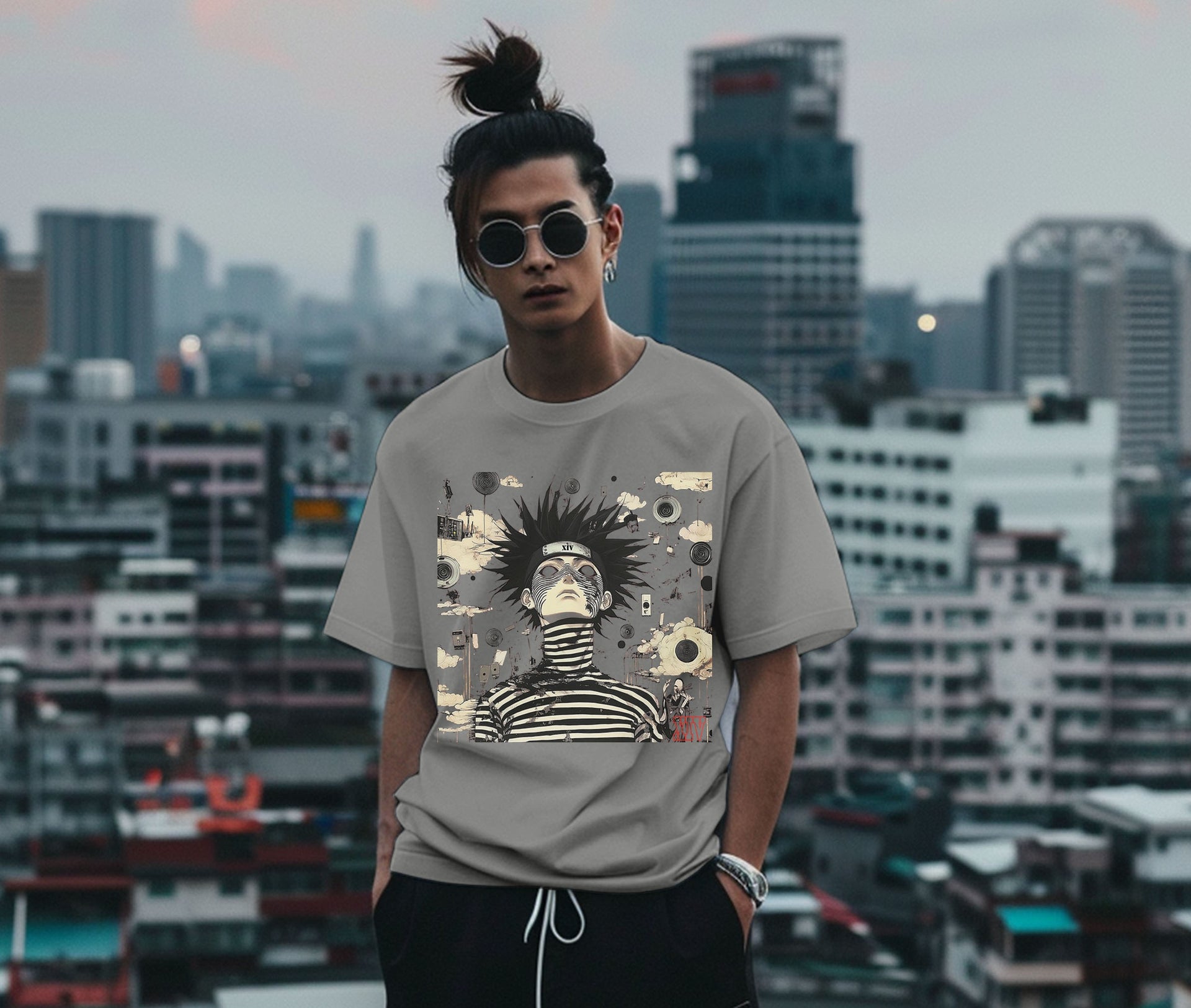 Psychedelic Anime Character T-Shirt – Bold Striped Design