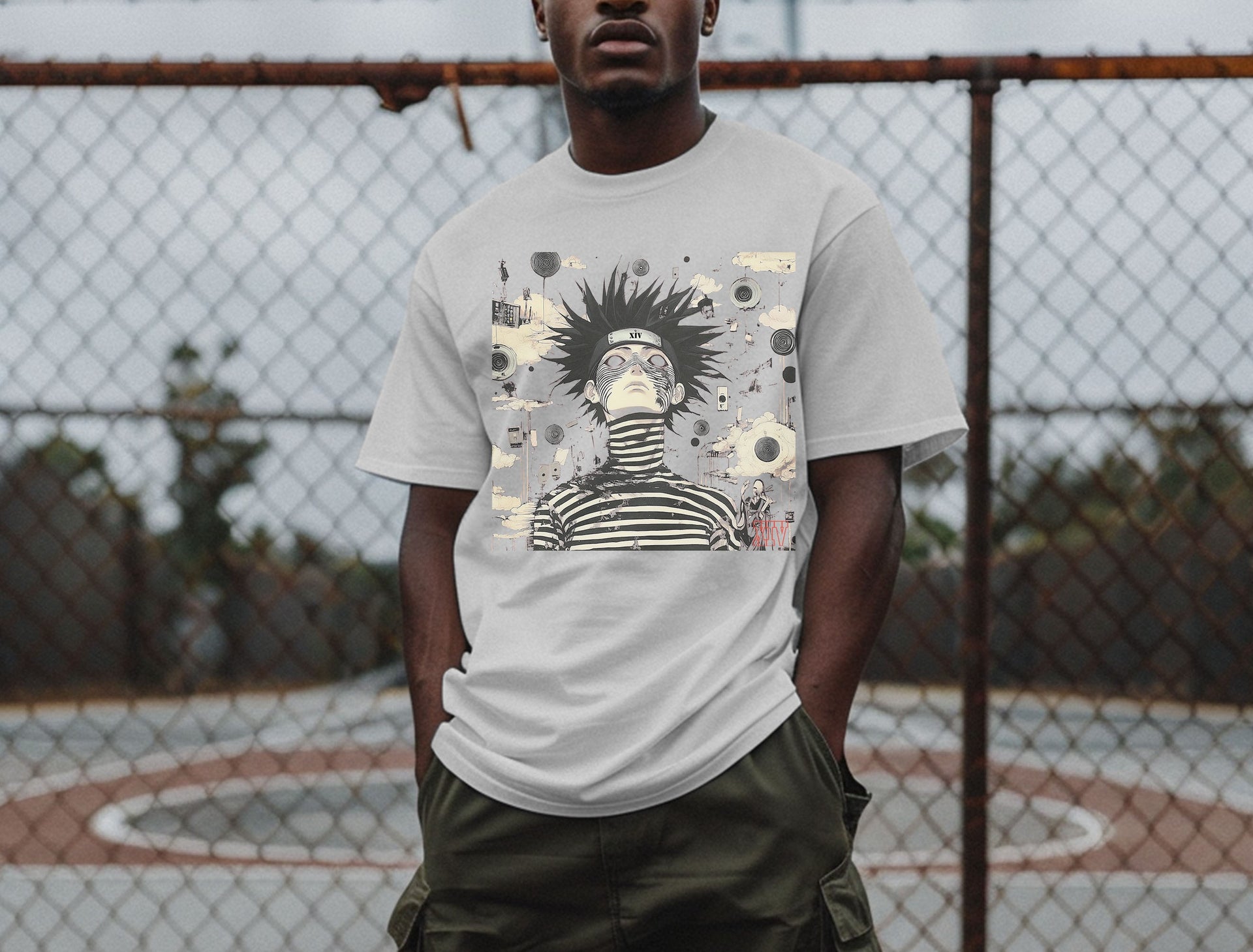 Psychedelic Anime Character T-Shirt – Bold Striped Design