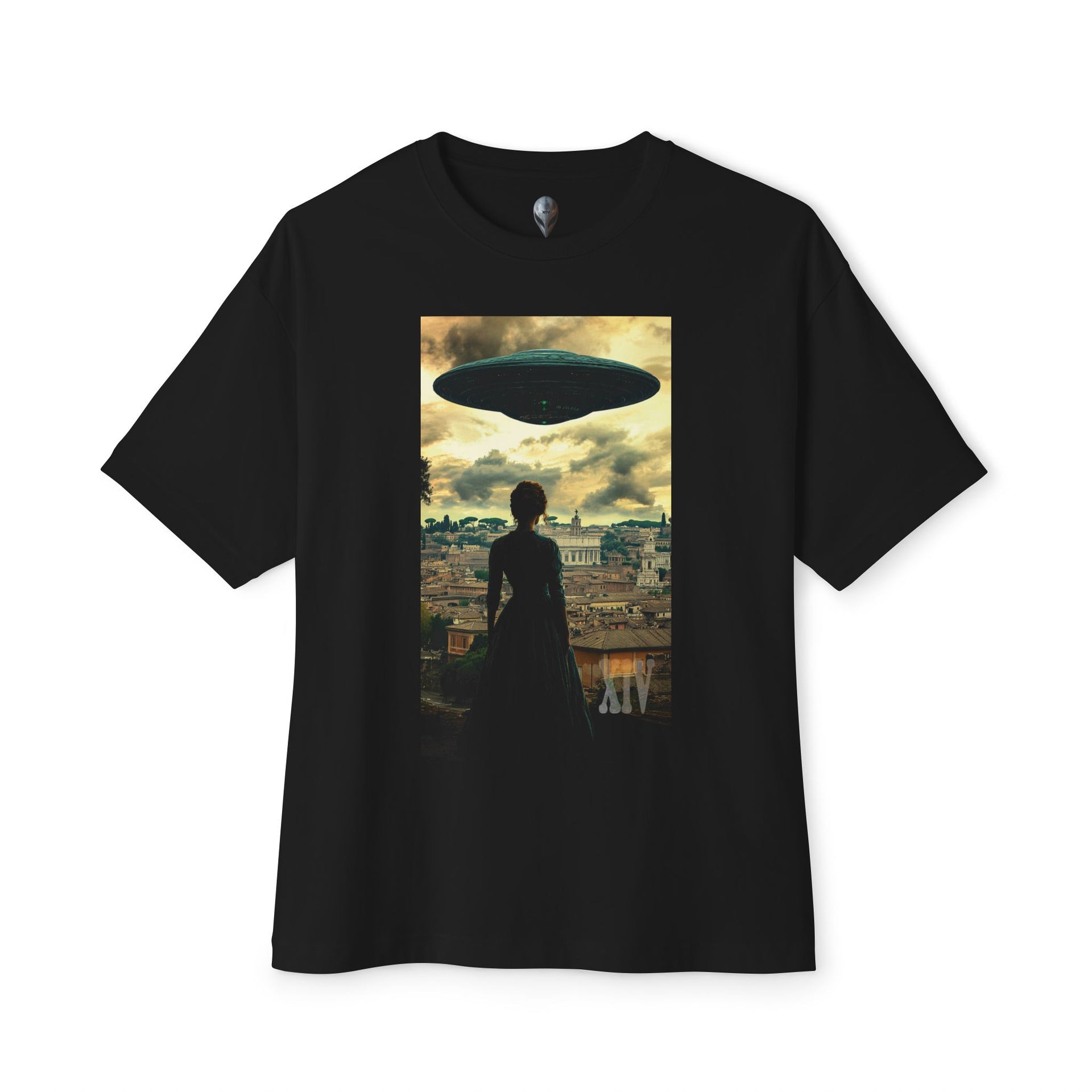 Woman Staring at UFO Over Rome – Carbon XIV Tee