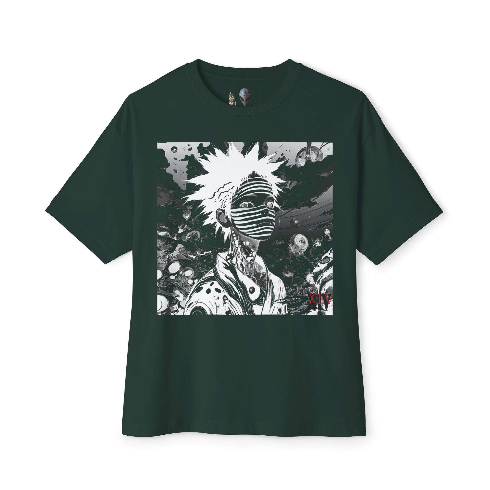 Monochrome Anime Character T-Shirt – Striped Artistic Design